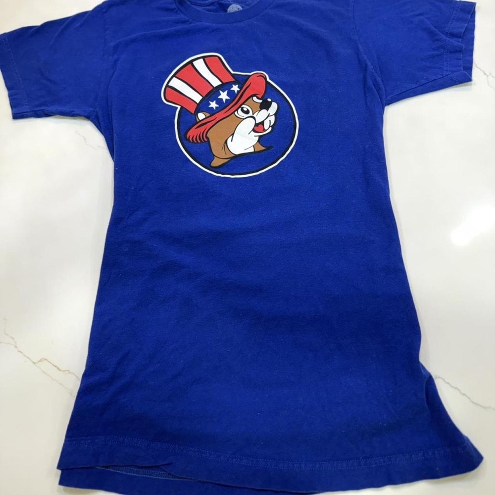 Royal Blue Short Sleeve Graphic Tee with Patriotic Hat Character